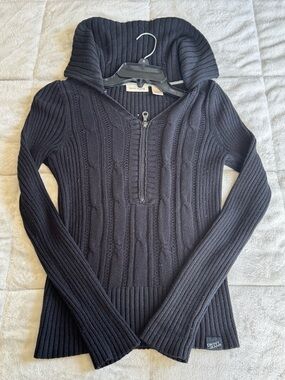 DKNY Black Ribbed Cable-Knit Half-Zip Turtleneck Sweater